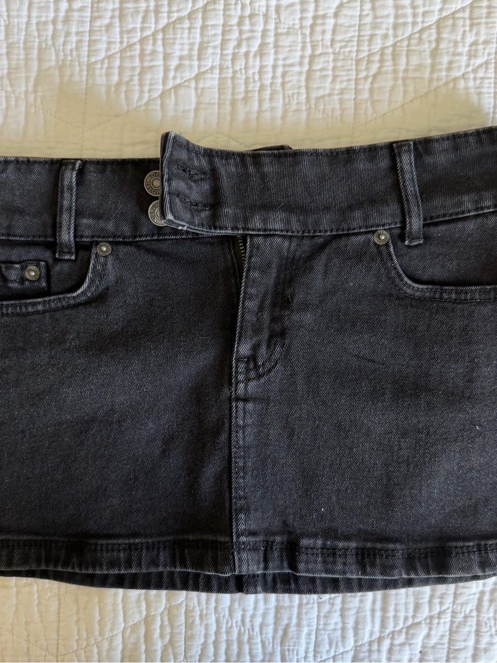 Motel Rocks Washed Black Denim Mini Skirt with Button Waist